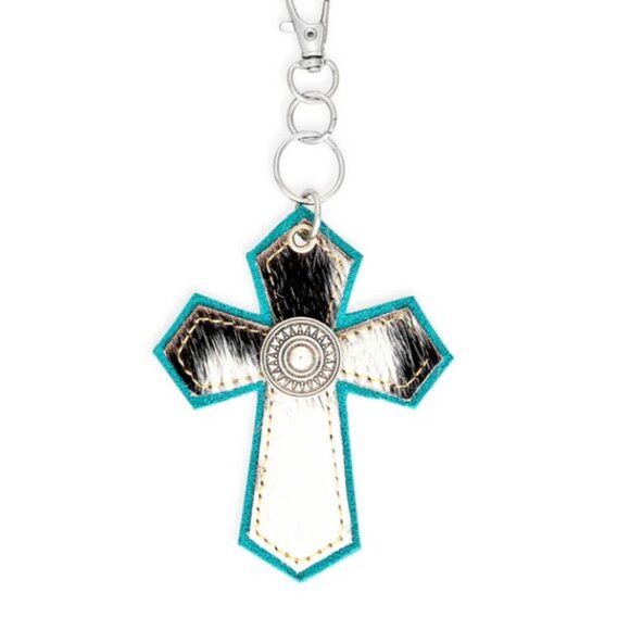 Myra Bag Leather & Hair-On Medallion Cross Hide Key Fob In Turquoise - New - Picture 2 of 7